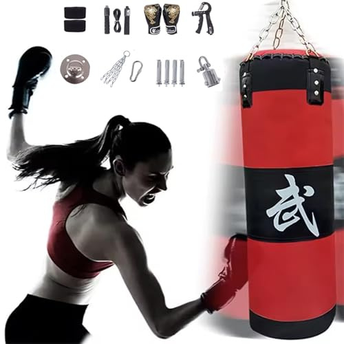 Sac De Frappe,Sac De Frappe Adulte,Sac De Boxe,15PCS Suspension Boxe Punching Bag avec Gants,Bandages,chaîne,Rotation à 360°,pour Le Muay Thai et Les Combats (Rouge, 80CM)