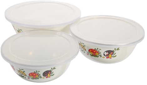 BEBEMOKO Set 3 Ciotole Smaltate Coperchio, Insalatiere e Contenitori Alimentari in Acciaio Smaltato, 16-18-20 Cm, Per Noodles Istantanei, Pasta, Riso e Insalate, Uso Quotidiano Famiglia