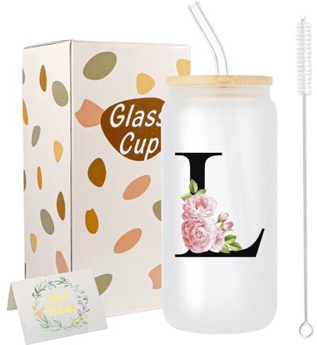 JEKUGOT A-Z Initial Personalised Birthday Gifts for Women, 16oz Iced Coffee Glass Cups with Lids and Straws, Glass Coffee Cup Gift Set for Mothers, Friends, Women, Men, Iced Coffees Cup Gift (L)