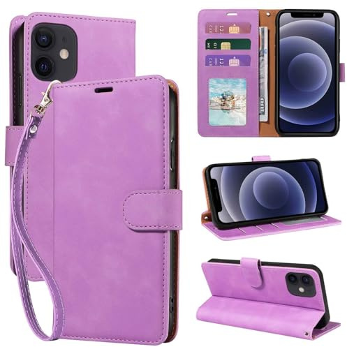 GOTOURED RFID Blocking Flip Wallet Case for iPhone 12 Mini (Purple) | Premium PU leather, 3 card slots, detachable wrist strap, secure magnetic closure, kickstand, shockproof, phone Case cover
