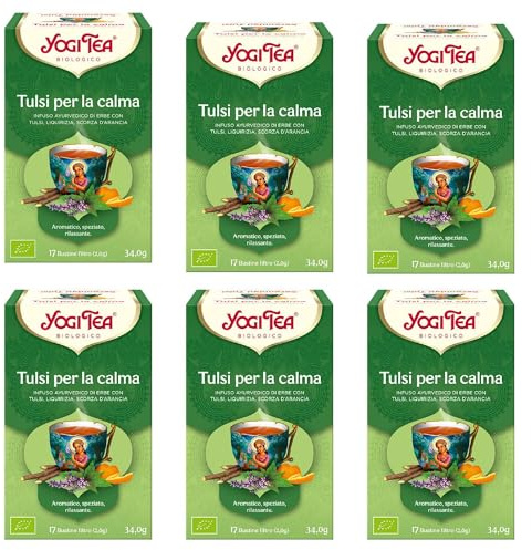 Yogi Tea Tisane, Tulsi per la calma Bio, Infuso Ayurvedico di Erbe con Basilico, Liquiriza, Scorza d’Arancia, Tè Senza Caffeina- Confezione da 6x17 bustine di Tè (102 bustine in totale)
