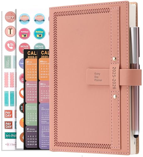 2025-2026 Diary A5 Page a Day Mid Year Planner, Diary 2025-2026 from Jul 2025 to Jun 2026, Daily Monthly Planner with Calendar, Pen, Pen Holder, Month Tabs, inner Pocket (Pink)