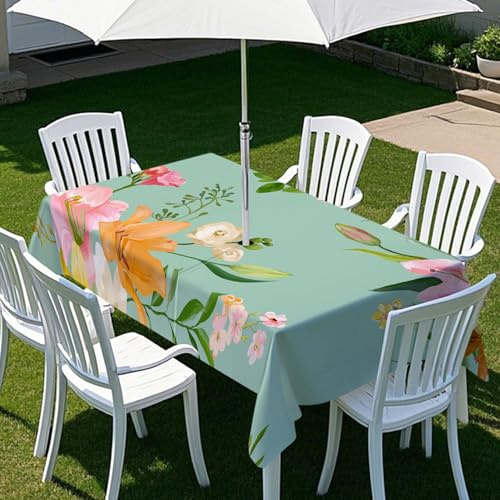 Fasbuy Tischdecke Abwaschbar Outdoor, Rechteckige Tischdecken mit Schirmloch und Reißverschluss, Rosa Drucke Gartentischdecke Geburtstag, Tischtuch für Garten Party (Türkis,300x150cm)
