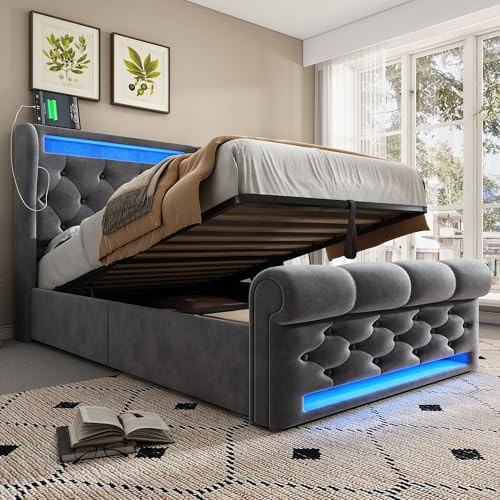 Dolamaní Polsterbett 90x200 cm Einzelbett mit Stauraum & Lattenrost Bettkaste, Kopfteil mit USB und Typ-C, LED Funktionsbett, Boxspringbett Gepolsterter Samt (Grau)