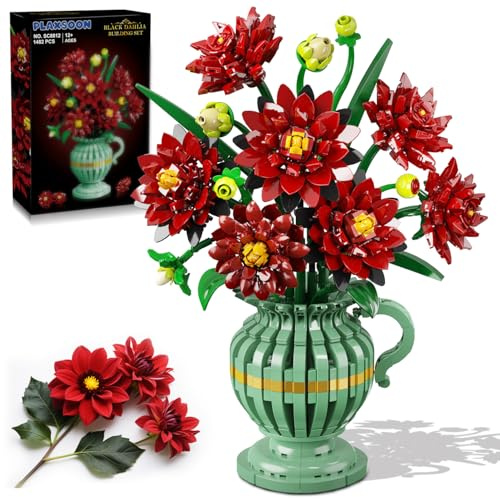 PLAXSOON Dahlie Blumen Bauspielzeug mit Vase, Valentinstag Blumenstrauß Botanical Collection Baustein Spielzeug, 1482 Stück Gothic Pflanze Bonsai-Bauset Geschenk für Sie Erwachsene Mädchen ab 12+