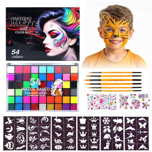 Souvik Juego de Pintacaras Maquillaje Infantil, Pintura Corporal y Facial, 54 Colores Base de Agua, 56 Pantillas de Tatuaje, 2 Pegatinas de Cristal, 6 Pinceles, para Niños Carnaval Halloween Fiestas