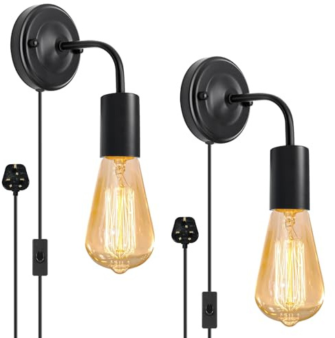 2 Pack Plug in Wall Lights for Bedroom with Switch and 180CM Cable, E27 Base, Indoor Plug in Bedside Wall Light, Metal Wall Sconce, Vintage Industrial Wall Lamp for Living Room, Black(No Bulb)