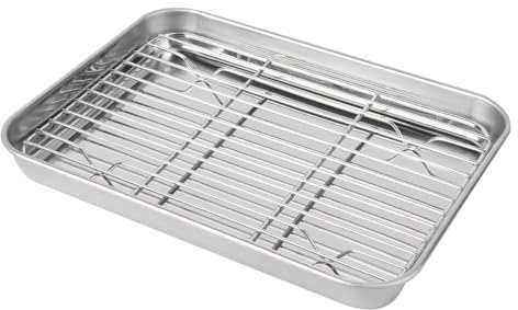 Plat à Four Inox avec Grille, Lot de 2 Set de Set de Pièces, Rectangulaire | Grille de Cuisson Amovible, Finition Miroir Argenté, Lave-vaisselle, Usage Quotidien et Service