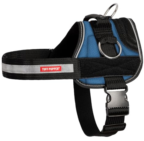 Tuff Pupper Quick Fit Harness for Large Dogs | No Pull No Choke, Escape-Proof | Rugged Padded Breathable Vest | Traffic Control Handle | 3 Leash Clips | Reflective Trim | Easy On Off (L, Blue)