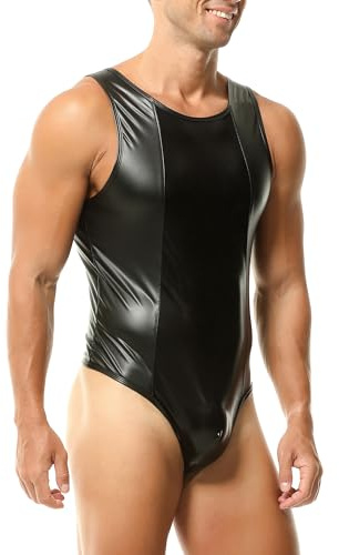 YOOBNG Herren Wrestling-Singlet aus Kunstleder, ärmellos, figurformende Unterwäsche, schmal geschnittener Body, Party-Clubwear, Turnanzug