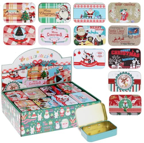 MIJOMA Lot de 24 boîtes en métal de Noël - Petites boîtes cadeaux avec motifs nostalgiques - Idéal pour les cadeaux en argent, les bons d'achat, le rangement, les cadeaux de l'Avent
