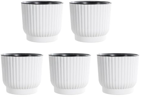 Homeponnew Confezione da 5 vasi da fiori autoirriganti con serbatoio d'acqua, sistema di corda di cotone ad assorbimento automatico, fioriere in resina per uso interno ed esterno, colore crema macaron