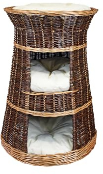 Katzenkorb zum Schlafen – Katzenhütte Indoor – Größe: 43 x 49 x 70 cm rund – Katzenhöhle aus Weide – Dreistufiges Bett für Hunde oder Katzen mit waschbaren Kissen in Ecru – Lackierter Korb
