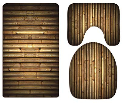 A.Monamour Set Tappeti Bagno 3 Pezzi Completo Fondo Astratto Di Struttura Del Recinto Di Bambù Marrone Antiscivolo Morbidi Assorbente Lavabile Tappetini per Il Bagno WC Bidet