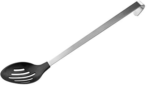FMprofessional Loch-/Servierlöffel, Abseihlöffel mit Edelstahlgriff, Schlitzlöffel mit Funktionsteil aus Kunststoff, praktischer Schaumlöffel, vielseitiger Kochlöffel (Farbe: Schwarz/Silber)