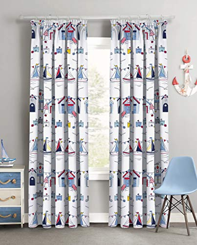 Childrens Nautical Beach Hut and Sailing Boats Striped Curtain with Tiebacks (66x72 Curtain Pair)