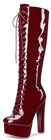 Castamere Damen Plattform Stiefel Reißverschluss Mid Calf Boots Blockabsatz 15CM High Heels Rot Burgund Lackleder Schuhe EU 38
