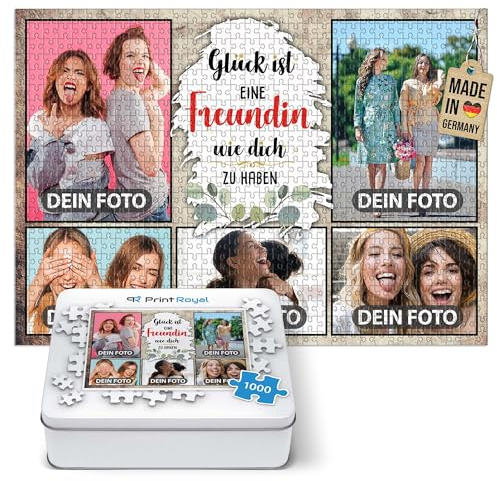 Foto-Puzzle mit 5 Fotos Bedrucken - Glück ist eine Freundin wie Dich zu haben - Collagen-Puzzle selber gestalten für die Freundin - 1000 Teile inkl. hochwertiger Metalldose