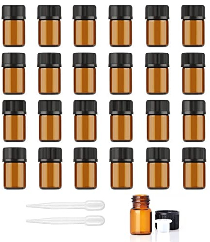 Alledomain 24Pcs, 2Ml Amber Glass Essential Oils Bottles, Empty Mini Bottles with Orifice Reducers Black Caps Refillable Sample Container for Essential Oils Lab Chemicals Perfume Cosmetic Liquid