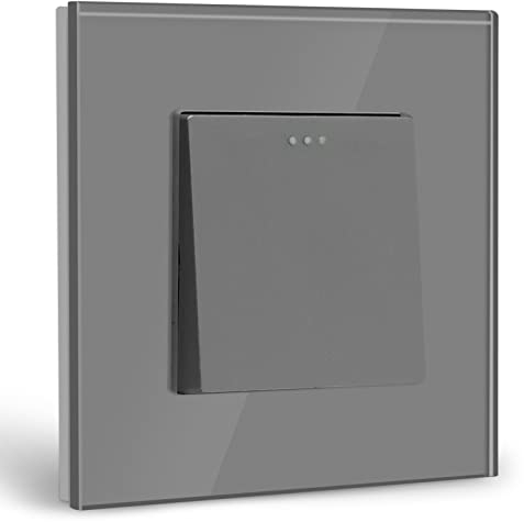 BSEED Light Switch 1 Gang 1 Way Glass Light Switches Screwless 10A Rocker Tactile Wall Switch Grey Crystal Toggle Switch