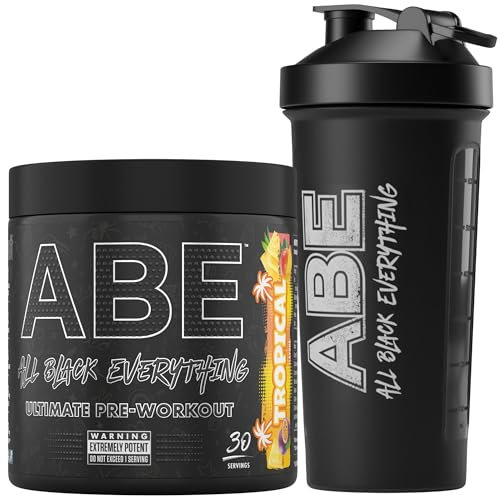Applied Nutrition Bundle ABE Pre Workout 375g + ABE Black Shaker 700ml | All Black Everything Pre Workout Powder, Energy Drink, Physical Performance, Creatine, Beta Alanine, Caffeine (Tropical)