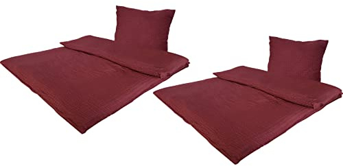 MB Warenhandel24 Bettwäsche Seersucker Microfaser 4 teilig Doppelpack Spar Set mit Reißverschluss 2X 135x200 cm + 2X 80x80 cm (Bordeaux)