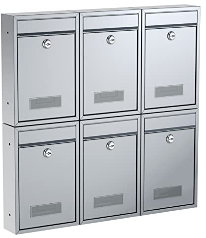 BASI | 6er Set Briefkasten | Wandbriefkasten Kompaktbriefkasten | DIN B5 | Namensschild jeweils 2 Schlüssel | Befestigungsmaterial | Briefkastenanlage | Stahlbriefkasten | Silber Matt | 6 Stück