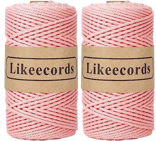 Likeecords 2 Rolls Cotton Macrame Cord 3mm x 100m, 3 Strand Twisted Rope, Cotton String Yarn (Pink)