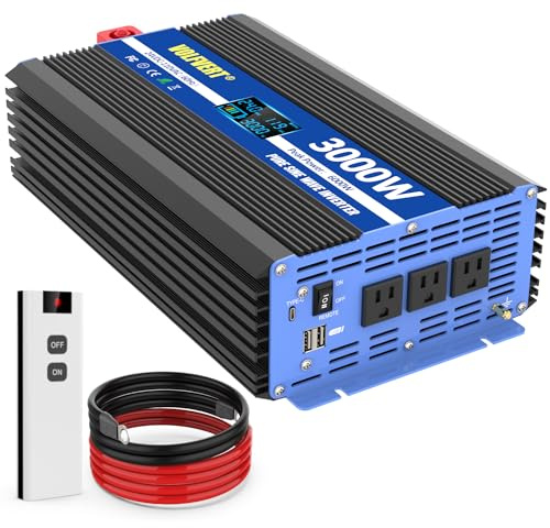24V Power Inverter 3000 Watt Pure Sine Wave, DC 24V to AC 110V 120V Car Inverter with Dual USB Port, Type-c Port, Three Sockets, Remote Control, LCD Display, Smart Cooling Fans, Battery Inverter Cabl