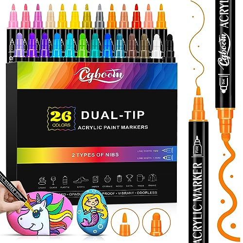 CGBOOM Acrylstifte, 26 Farben Dual Tip Acrylstifte für Steine Wasserfest, Steine Zum Bemalen, Stifte Steine Bemalen Wasserfest, Steine Bemalen Stifte, Lackstift für Steine Holz Multimarker