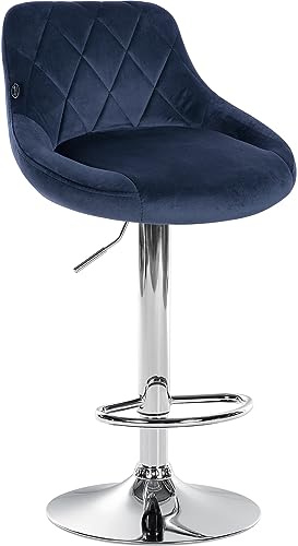 CLP Taburete De Bar Lazio En Terciopelo I Silla Alta De Cocina De Altura Ajustable con Base Metálica & Reposapiés | Color Azul Color del Marco Cromado