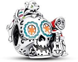 Pandora Charm Disney Pixar Coco crâne en argent sterling avec émail rouge, vert, orange, jaune, rose et phosphorescent