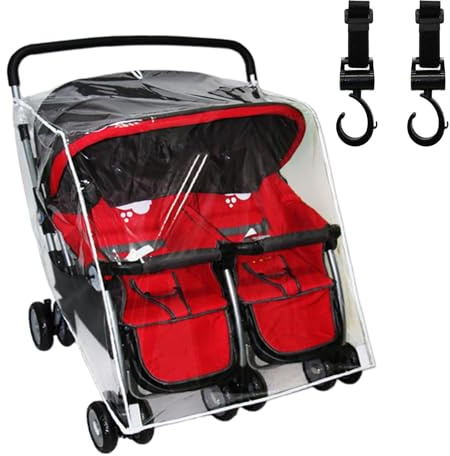 Double Stroller Rain Cover with 2 Buggy Hook, Universal Side by Side Pushchair Waterproof Dust Proof Cover Pram Accessories for Outdoor Travel(Transparent)