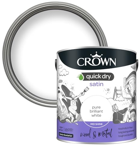 Crown WOOD & METAL Brilliant White Paint Satin - Doors & Furniture 2.5L | White paint for skirting boards, radiators, doors, banisters, window frames & railings. Quick-dry, non-yellowing, low VOC