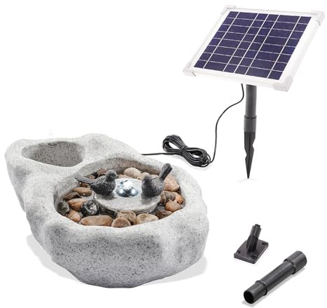 esotec Solar Vogelbad Gartenbrunnen Wasserspiel außen Akku & LED 101319 | Solar Vogelbadbrunnen, 6Wp Modul, LiFePO4, LED ww+kw, Polyresin Steinoptik, Trockenlaufschutz, Durchflussregler, H17cm