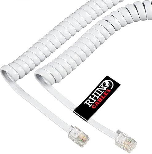 rhinocables RJ10 Coiled White Phone Cable (3m) Anti-Tangle Curly Handset Cord for BT Landline, Fax & Office | 4-Core Full Copper Wire with Gold-Plated 4P4C Connectors | 2m, 3m & 5m Options (3 Pack)