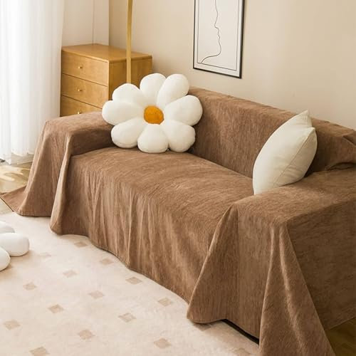 Epinki Sofa Überwurfdecke, 180x350CM Sofahusse 4 Sitzer Einfarbig Muster, rutschfeste Schonbezüge aus Chenille für Wohnzimmer, Kaffee