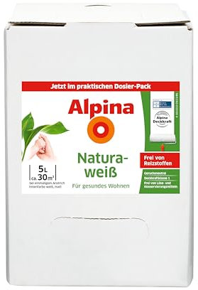 Alpina Wandfarbe Naturaweiß matt im praktischen Dosier-Pack – ergiebig, gut deckend & reinigungsfähig – 5 Liter