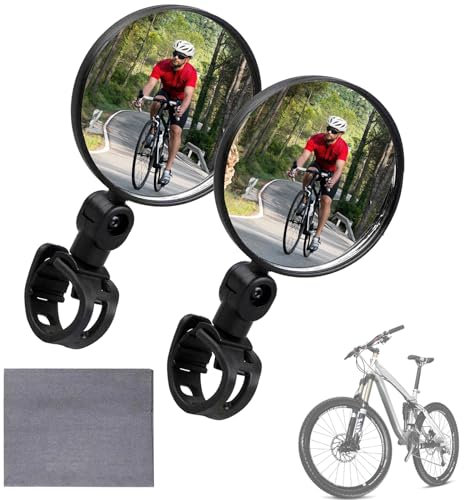 Bike Mirror, 2 Pack Bar End Bike Mirrors with Glass Cleaning Cloth, 360°Adjustable Bicycle Cycling Rear View Mirrors, Plastic Convex Mirror Bikes Mirrors for Mountain Road Bikes Cycling