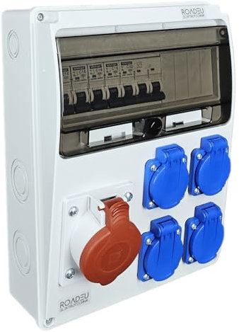 RoadEu - Caja de Distribución Eléctrica. Enchufe CEE 32 A con 4 enchufes Schuko de 230 V. Distribuidor de Corriente Eléctrica con magnetotermico 32A y 16A. Cuadro electrico premontado