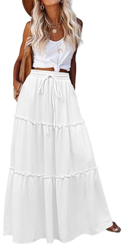 Hotouch Jupe Longue Femme Ete Élégante Jupes Élastique Taille Haute Jupe Blanc XL