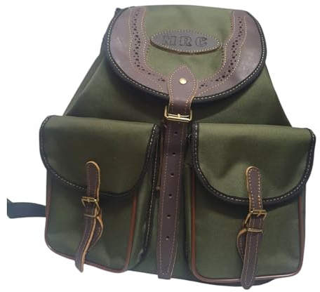 Genérico Mochila de Caza de Lona, Verde Militar, 2 Bolsillos Frontales, Detalles en Cuero Marrón