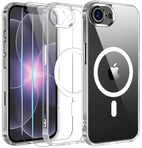 Yohii Funda para iPhone 17e / iPhone 16e, Compatible MagSafe con 2 Piezas Cristal Templado [Protección de Cámara] Carcasa Magnética Grado Militar Antigolpes Resistente Arañazos Classic, Transparente