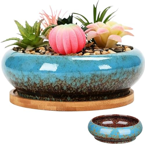 SMELEYOU Lotus Bonsai Schale für Lotusblume Keramik Blumenschale Verglasierte Pflanzentöpfe Innenrunde Bonsai Topf Dekorative Flache Hydroponic Pflanzer ohne Abfluss für Wasserlilie, Blau