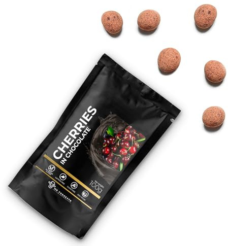 Cerezas Secas Cubiertas de Chocolate para Postre - Dulces Mr Fudgesto - Delicia Premium - Sin Azúcar Añadido - Aperitivo Saludable - Frutos Secos y Frutas Recubiertos de Cacao - Caja de 100g