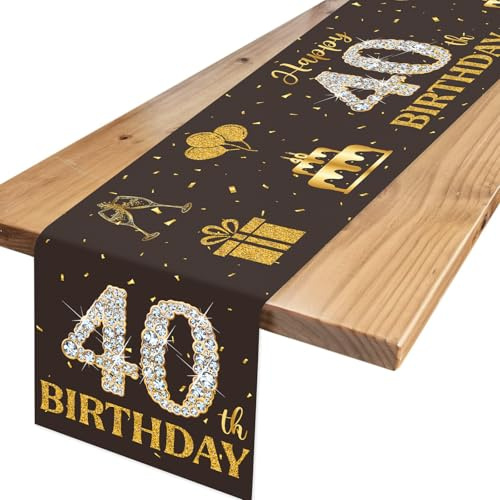 Tischläufer 40. Geburtstag Schwarz Gold, Happy Birthday 40 Tischdecke mit Diamanten, Tischdeko Geburtstag für Männer Frauen 40 Geburtstagsdeko, Tischdekoration 40 Jahre