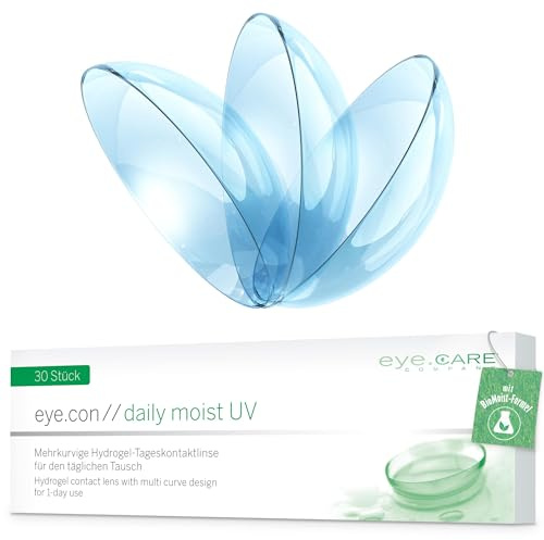 Eye.Con Daily Moist UV weiche Tageslinsen aus Hydrogel – 30 dailies Contact Lenses mit hoher Wasserbindung für empfindliche Augen. Mehrkurvige Kontaktlinsen. BC 8.6mm, DIA 14.3mm, -3.25 Dioptrien.