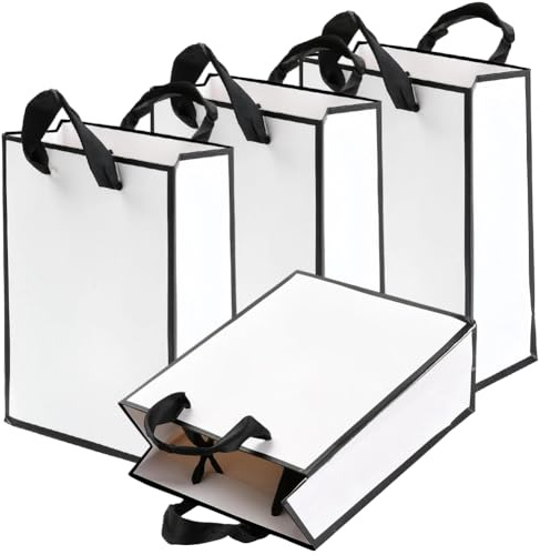 CABODYALS 10 pz. Sacchetti Regalo Bianchi e Neri con Manici Piccoli Sacchetti di Carta Kraft Riciclata Resistente all'Acqua per Matrimoni Fai da Te Artigianato Shopping Bomboniere Regali di Com