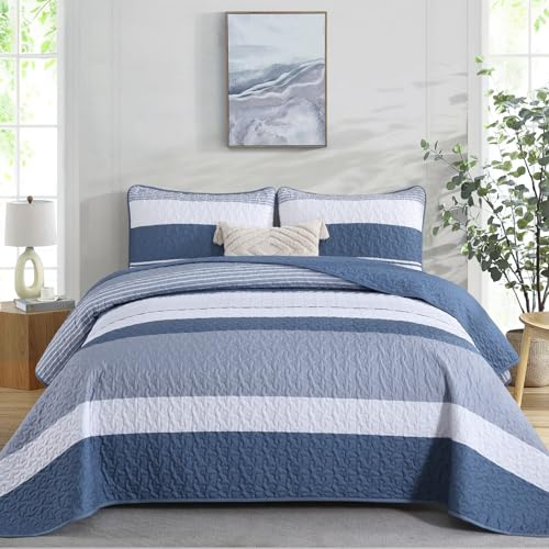 WONGS BEDDING Tagesdecke 240x260 mit 2 Kissenbezüge 50x75 Set | Gesteppte Bettdecke aus Mikrofaser Leichter Bettüberwurf Doppelbett Ganzjahres Tagesdecke Minerakblau für Schlafzimmer Sofa