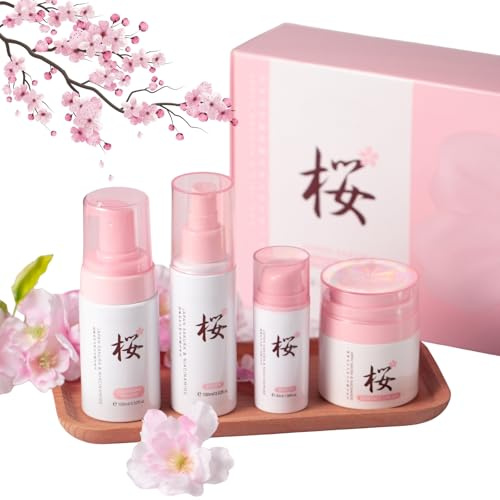 Sakura Gesichtspflege Skincare Set 4 Stück, Feuchtigkeit Geschenkset Frauen mit Niacinamide Serum, Beauty Skin Care Set für Teenager, mit Gesichtsreiniger, Toner Gesicht, Serum, Gesichtscreme Damen